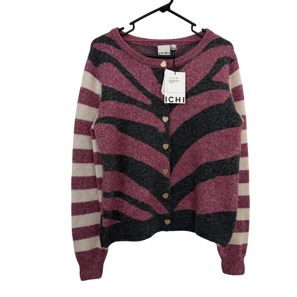 ICHI Cardigan Womens Medium Maroon Zebra Stripe Heart Button IHLIVONI CA2
